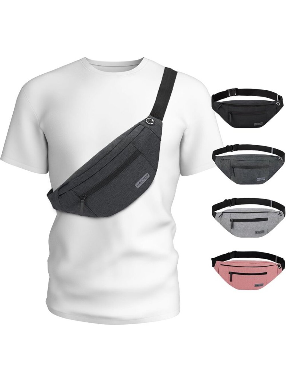 Men's Dark Grey Large Crossbody Fanny Pack With 4-Zip Belt Bag Waist Pack